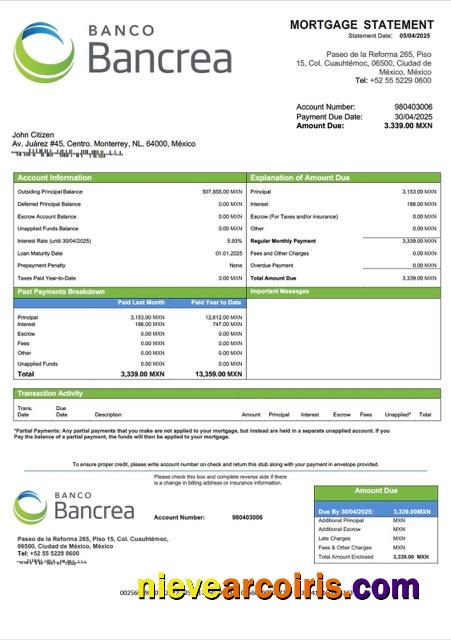 Mexico Bancrea mortgage statement Word and PDF template